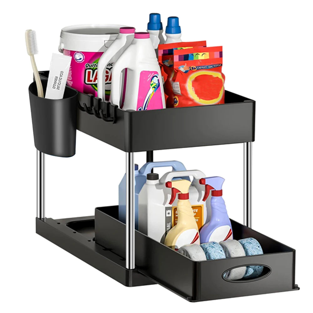 Keep cabinets organized. Pull-out under sink organizer