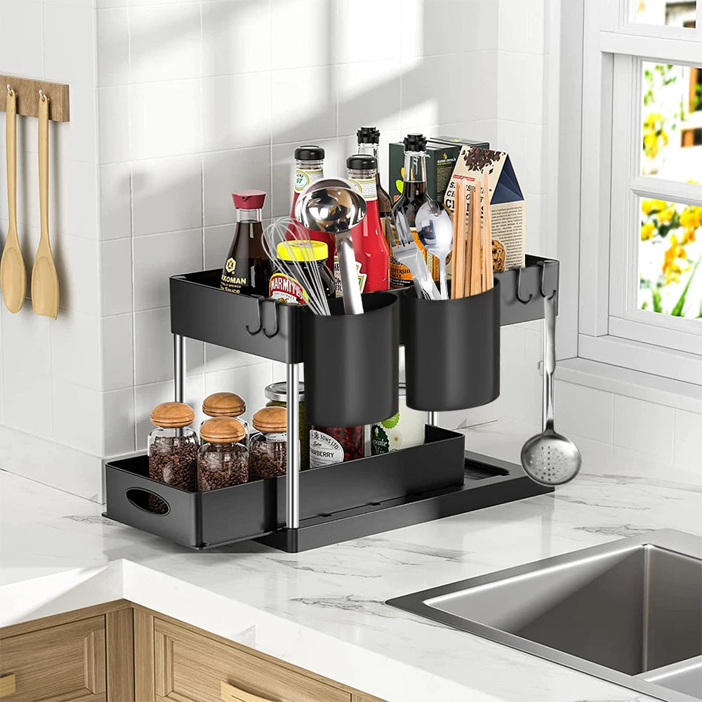 Keep cabinets organized. Pull-out under sink organizer