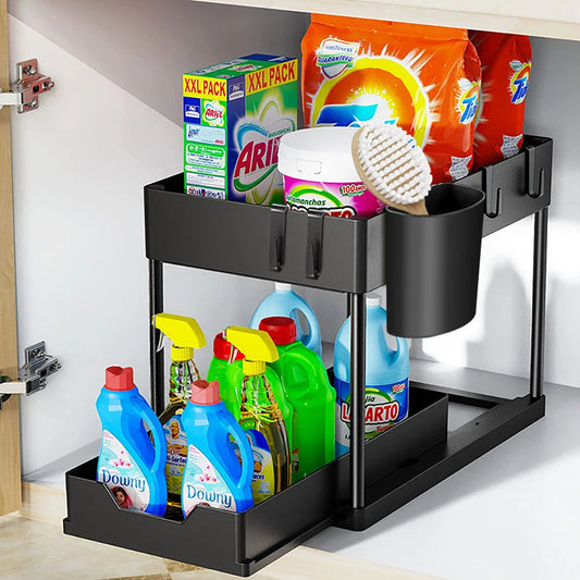 Keep cabinets organized. Pull-out under sink organizer