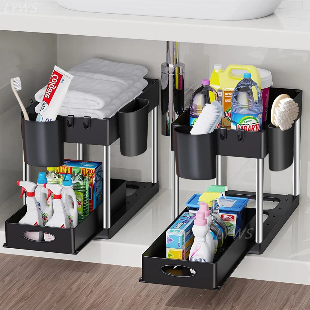 Keep cabinets organized. Pull-out under sink organizer