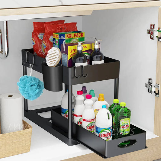 Keep cabinets organized. Pull-out under sink organizer