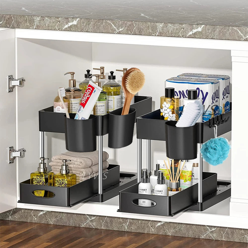 Keep cabinets organized. Pull-out under sink organizer