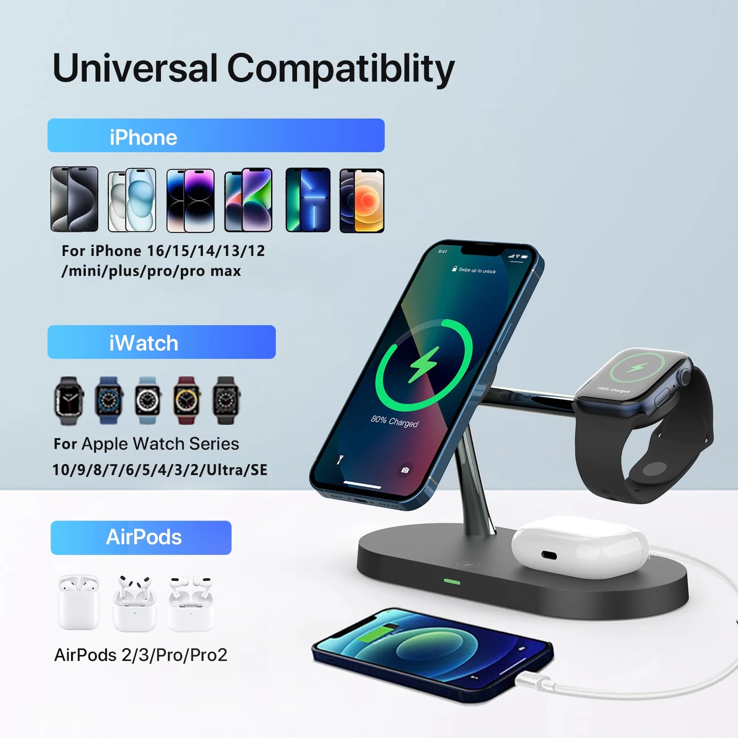 Organized 3 in 1 charging station for iphone 12-17, airpods, and apple watch